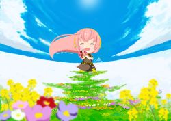 Rule 34 | 1girl, :d, armband, belt, black shirt, black skirt, black thighhighs, blue sky, boots, bouquet, character name, chibi, cloud, cross-laced footwear, closed eyes, facing viewer, field, flower, flower field, gold footwear, happy birthday, headphones, highres, holding, holding bouquet, knee boots, lace-up boots, long hair, megurine luka, niidonroad, open mouth, outdoors, pink flower, pink hair, purple flower, red flower, scenery, shirt, short sleeves, side slit, signature, skirt, sky, smile, snow, solo, standing, sun, thighhighs, vocaloid, white flower, wide shot, yellow flower