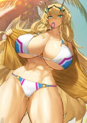 Rule 34 | 1girl, abs, absurdres, aqua eyes, barghest (fate), barghest (swimsuit archer) (fate), bikini, bikini under clothes, blonde hair, breasts, cleavage, collarbone, curvy, fairy, fate/grand order, fate (series), green eyes, highres, huge breasts, knight, long hair, melon22, muscular, muscular female, non-web source, open clothes, resized, solo, swimsuit, thick thighs, thighs, upscaled, very long hair, waifu2x, white bikini, wide hips