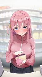 Rule 34 | 1girl, averting eyes, black skirt, blurry, blurry background, blush, bocchi the rock!, breasts, convenience store, gotoh hitori, holding, holding wallet, jacket, large breasts, nose blush, one side up, pink hair, pink jacket, pleated skirt, pov, rouka (akatyann), shop, skirt, solo, straight hair, sweatdrop, wallet