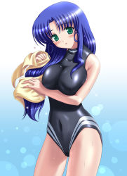 Rule 34 | 00s, 1girl, black one-piece swimsuit, blue hair, blush, breasts, competition swimsuit, covered erect nipples, green eyes, kishi nisen, large breasts, long hair, one-piece swimsuit, open mouth, school swimsuit, solo, swimsuit, tokimeki memorial, tokimeki memorial only love, towel, utsumi koayu, wet