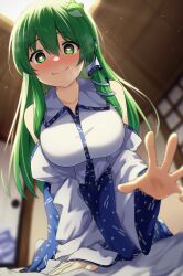 Rule 34 | 1girl, absurdres, all fours, backlighting, bare shoulders, blue skirt, blush, breasts, collarbone, collared shirt, commentary request, detached sleeves, dutch angle, foreshortening, frog hair ornament, green eyes, green hair, hair ornament, heart, heart-shaped pupils, highres, indoors, kochiya sanae, large breasts, long hair, looking at viewer, on bed, pov, reaching, reaching towards viewer, shirt, shouji, single sidelock, skirt, sleeveless, sleeveless shirt, sliding doors, smile, snake hair ornament, solo, symbol-shaped pupils, touhou, white shirt, yosshy
