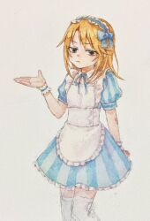 Rule 34 | 1girl, :/, apron, blue dress, brown eyes, colored pencil (medium), commentary request, detached collar, dress, frilled dress, frilled hairband, frills, hairband, hand up, idolmaster, idolmaster cinderella girls, long hair, looking at viewer, mishishi, neck ribbon, orange hair, photo (medium), ribbon, short sleeves, simple background, solo, striped clothes, striped dress, thighhighs, traditional media, white apron, white thighhighs, wrist cuffs, yuuki haru, zettai ryouiki