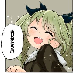 Rule 34 | 1girl, 1koma, :d, anchovy (girls und panzer), barashiya, black border, black jacket, border, casual, comic, commentary, drill hair, closed eyes, facing viewer, girls und panzer, green hair, grey background, head tilt, highres, hood, hoodie, jacket, light particles, open mouth, smile, solo, translation request, twin drills, twintails