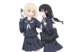 2girls :d ameno_hitsuka amputee animal animal_on_finger bag black_eyes black_hair black_sailor_collar black_serafuku black_shirt black_skirt blonde_hair blush brown_eyes bug butterfly closed_mouth commentary_request eye_contact floating_hair hand_up highres insect kamioka_senri long_hair looking_at_another multiple_girls neckerchief open_mouth original piripun pleated_skirt profile sailor_collar school_bag school_uniform serafuku shirt simple_background skirt smile v-shaped_eyebrows very_long_hair white_background white_neckerchief