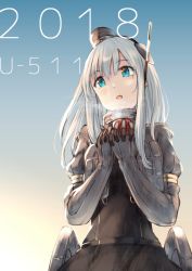 Rule 34 | 1girl, 2018, alternate hair color, blue eyes, blush, cropped jacket, cup, garrison cap, hat, headgear, highres, kantai collection, long hair, long sleeves, military, military uniform, open mouth, puffy long sleeves, puffy sleeves, rigging, ryuu (tsukinoyuki), silver hair, simple background, smile, solo, steam, swimsuit, swimsuit under clothes, u-511 (kancolle), uniform