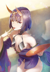 Rule 34 | 1girl, bare shoulders, breasts, cleavage, collarbone, cowboy shot, cup, fate/grand order, fate (series), holding, horns, purple eyes, purple hair, revealing clothes, sakazuki, saliva, saliva trail, short hair, shuten douji (fate), skin-covered horns, small breasts, solo, standing, tongue, tongue out, yamakou (yamakou e2)