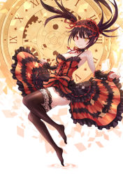Rule 34 | 10s, 1girl, arm warmers, armpits, asle, bare shoulders, black thighhighs, bow, breasts, brown hair, cleavage, clockwork, collar, corset, cross-laced clothes, date a live, detached collar, dress, floating hair, frilled collar, frills, full body, gears, hairband, heterochromia, lace, lace-trimmed legwear, lace trim, lolita hairband, long hair, looking at viewer, red bow, red dress, red eyes, red ribbon, ribbon, roman numeral, sleeveless, sleeveless dress, smile, solo, symbol-shaped pupils, thighhighs, thighs, tokisaki kurumi, tsurime, twintails, very long hair, wrist cuffs, yellow eyes, zettai ryouiki