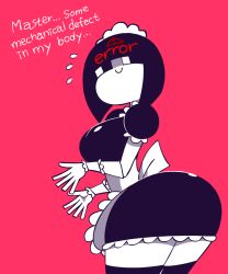 Rule 34 | 1girl, animated, animated gif, apron, black dress, black eyes, black hair, bob cut, bouncing breasts, breasts, collared dress, cum-powered maid-robot, dress, english text, frilled apron, frills, maid, maid apron, maid headdress, minuspal, original, red background, short hair, simple background, smile, upper body