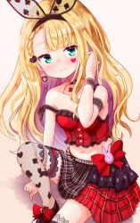 Rule 34 | 1girl, :3, animal print, baram, bare arms, bare shoulders, black footwear, black hairband, blonde hair, blush, bodice, bow, brown background, closed mouth, collarbone, commentary, crop top, facial mark, fishnet thighhighs, fishnets, green eyes, hairband, hand up, heart, highres, knee up, long hair, midriff, mononobe alice, mononobe alice (10th costume), navel, nijisanji, plaid, plaid skirt, rabbit print, red bow, red skirt, shadow, shoes, sitting, skirt, smile, solo, strap slip, thighhighs, very long hair, virtual youtuber