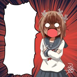 Rule 34 | 1girl, anger vein, angry, blank speech bubble, blue skirt, brown hair, crossed arms, dog tags, emphasis lines, empty eyes, female focus, folded ponytail, hair between eyes, highres, inazuma (kancolle), kantai collection, looking at viewer, neckerchief, open mouth, plaid, plaid skirt, red background, red neckerchief, sailor collar, school uniform, serafuku, shaded face, shirt, signature, skirt, solid circle eyes, solo, speech bubble, standing, template, v-shaped eyebrows, white shirt, yua (checkmate)