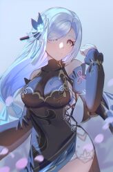 Rule 34 | 1girl, bare shoulders, black dress, blue background, blue hair, breasts, commentary, cowboy shot, detached sleeves, dress, genshin impact, highres, lan qiandai, large breasts, long hair, long sleeves, looking at viewer, official alternate costume, shenhe (frostflower dew) (genshin impact), shenhe (genshin impact), sleeveless, sleeveless dress, solo, standing, very long hair, yellow eyes