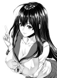 Rule 34 | 1girl, ahoge, bad id, bad nicoseiga id, breasts, cleavage, collarbone, covered erect nipples, greyscale, large breasts, long hair, looking at viewer, monochrome, original, school uniform, serafuku, simple background, smile, solo, white background, zucchini