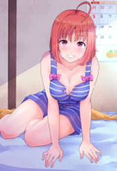 Rule 34 | 1girl, ahoge, bed sheet, blanket, blue shirt, blue shorts, blush, bow, breasts, calendar, cleavage, collarbone, grin, hair down, highres, kanabun, large breasts, leaning forward, looking at viewer, love live!, love live! school idol festival, love live! sunshine!!, orange hair, orange print, partially unbuttoned, pink bow, red eyes, shirt, short hair, shorts, sitting, smile, solo, striped clothes, striped shorts, striped tank top, takami chika, tank top