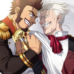 Rule 34 | 2boys, beard, blue eyes, brown hair, commentary request, epaulettes, facial hair, fate/grand order, fate (series), fighting stance, gloves, grey hair, highres, james moriarty (archer) (fate), long sideburns, long sleeves, male focus, military, military uniform, multiple boys, muscular, mustache, napoleon bonaparte (fate), pectorals, scar, simple background, smile, staff, suzuki80, teeth, uniform, vest