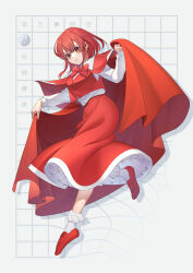 Rule 34 | 1girl, absurdres, cape, character name, collared shirt, copyright name, guumin, highres, long sleeves, okazaki yumemi, open mouth, phantasmagoria of dim.dream, red cape, red eyes, red footwear, red hair, red skirt, red vest, shirt, shoes, short hair, skirt, socks, solo, touhou, touhou (pc-98), vest, white shirt, white socks