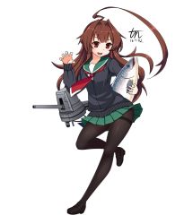 Rule 34 | &gt;:d, 1girl, :d, ahoge, alternate costume, black pantyhose, brown hair, cannon, cosplay, fish, full body, huge ahoge, kantai collection, kuma (kancolle), long hair, necktie, open mouth, pantyhose, pleated skirt, red eyes, sailor collar, skirt, smile, solo, standing, standing on one leg, tama (kancolle), tama (kancolle) (cosplay), thighband pantyhose, tun, turret, v-shaped eyebrows