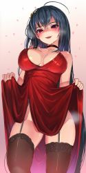 Rule 34 | 1girl, ahoge, akasaai, azur lane, bare shoulders, black garter belt, black hair, black thighhighs, blush, breasts, choker, cleavage, clothes lift, collarbone, commentary request, covered erect nipples, dress, dress lift, fang, from below, garter belt, garter straps, gradient background, hair between eyes, hair ornament, head tilt, heart, heart-shaped pupils, highres, lace, lace-trimmed legwear, lace trim, large breasts, lifted by self, long hair, looking at viewer, looking down, no panties, official alternate costume, parted lips, red choker, red dress, red eyes, smile, solo, standing, sweat, symbol-shaped pupils, taihou (azur lane), taihou (forbidden feast) (azur lane), thighhighs, very long hair