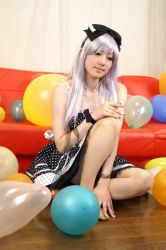 Rule 34 | 1girl, asian, balloon, bare shoulders, barefoot, bow, cosplay, cosplay request, couch, dress, full body, hair bow, indoors, japanese (nationality), on floor, photo (medium), polka dot, polka dot dress, red upholstery, ribbon, saya (cosplayer), silver hair, solo, wooden floor