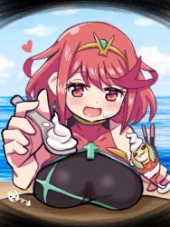 Rule 34 | 1girl, black one-piece swimsuit, breast rest, breasts, breasts on table, chest jewel, competition swimsuit, covered collarbone, food, headpiece, ice cream, large breasts, ma2acworks, one-piece swimsuit, pyra (pro swimmer) (xenoblade), pyra (xenoblade), red eyes, red hair, red one-piece swimsuit, ribbed swimsuit, short hair, solo, strapless, strapless one-piece swimsuit, swept bangs, swimsuit, tiara, two-tone swimsuit, xenoblade chronicles (series), xenoblade chronicles 2
