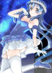 Rule 34 | 10s, 1girl, blue hair, breasts, frapowa, gloves, head wreath, long hair, love live!, love live! school idol project, skirt, small breasts, smile, solo, sonoda umi, thighhighs, white gloves, white thighhighs, yume no tobira