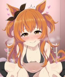 Rule 34 | :p, absurdres, alternate costume, animal ears, bed, blurry, blurry background, blush, bra, breasts, collarbone, commentary request, heart, heart-shaped pupils, highres, horse ears, horse tail, implied sex, komesuke (artist), mayano top gun (umamusume), navel, orange hair, panties, saliva, small breasts, spread legs, sweat, symbol-shaped pupils, tail, thighhighs, tongue, tongue out, umamusume, underwear