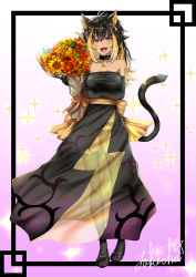Rule 34 | 1girl, alternate costume, animal ears, arm under breasts, bare shoulders, black choker, black dress, black footwear, black gloves, black hair, black panties, black thighhighs, blonde hair, bouquet, braid, breasts, cat ears, cat girl, cat tail, choker, crown braid, dress, elbow gloves, fang, flower, full body, garter belt, gloves, hair between eyes, highres, holding, holding bouquet, indie virtual youtuber, large breasts, long hair, looking at viewer, multicolored hair, nekoyo chloe, open mouth, panties, sash, see-through, shoes, skindentation, smile, solo, sparkle, standing, strapless, strapless dress, sunflower, tail, takecha, thighhighs, two-tone hair, underwear, virtual youtuber, yellow eyes, yellow sash