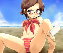 Rule 34 | 1girl, barefoot, beach, between toes, bikini, blush, brown eyes, brown hair, day, feet, food, front-tie top, glasses, hair ornament, hairclip, holding with feet, lens flare, masami-san (regdic), original, outdoors, popsicle, regdic, short hair, soles, solo, spread legs, striped bikini, striped clothes, swimsuit, toenails, toes