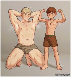 Rule 34 | 2boys, arms behind head, bara, biceps, blonde hair, blush, border, brown hair, brown shorts, chilchuck tims, closed mouth, dungeon meshi, highres, japanesebonustrack, jewelry, kneeling, laios touden, looking at viewer, male focus, multiple boys, muscular, muscular male, navel, necklace, paid reward available, short hair, short shorts, shorts, simple background, smile, socks, toned, toned male, topless male, white border, white socks