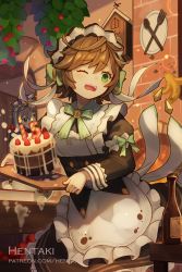 Rule 34 | 2girls, apron, artist name, banana peel, black dress, bottle, bow, brick wall, brown hair, cake, character request, clock, commentary, cuckoo clock, dragalia lost, dress, english commentary, food, frilled apron, frills, fruit, green bow, green eyes, grey hair, hair between eyes, hair bow, hentaki, highres, holding, juliet sleeves, long sleeves, melody (dragalia lost), multiple girls, one eye closed, open mouth, peeking out, puffy sleeves, short hair, solo focus, strawberry, striped, striped bow, teeth, upper teeth only, watermark, web address, white apron