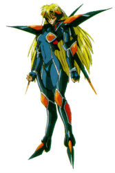 Rule 34 | 1990s (style), 1girl, armor, blonde hair, bodysuit, clenched hand, hirano toshihiro, iczelion, iczer (series), long hair, nami (iczelion), official art, retro artstyle, solo, standing, white background