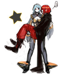 Rule 34 | blue hair, boots, breasts, carrying, cleavage, couple, jacket, killer (shadow hearts), lady (shadow hearts), red eyes, red hair, shadow hearts, shadow hearts from the new world, short hair, yuyayuyo