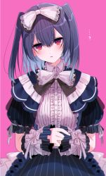 Rule 34 | ..., 1girl, ?, black bow, black hair, blue bow, blue dress, bow, commentary request, dress, gothic lolita, hair between eyes, hair bow, head tilt, idolmaster, idolmaster shiny colors, lace trim, lolita fashion, looking at viewer, medium hair, morino rinze, parted lips, pink background, pinstripe dress, pinstripe pattern, red eyes, ribbon, ribbon-trimmed sleeves, ribbon trim, short sleeves, shotan, sidelocks, simple background, solo, striped, two side up, white bow, white ribbon, wrist cuffs