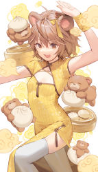 Rule 34 | 1girl, :d, animal ears, arm up, bamboo steamer, baozi, bear, bear ears, bow, breasts, brown eyes, brown hair, china dress, chinese clothes, cleavage cutout, clothing cutout, commentary request, dress, ear bow, feet out of frame, food, hair between eyes, highres, kitada mo, open mouth, original, short sleeves, simple background, small breasts, smile, solo, standing, standing on one leg, teeth, thighhighs, upper teeth only, white background, white thighhighs, yellow bow, yellow dress
