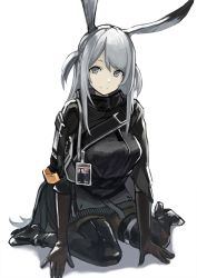 Rule 34 | 1girl, animal ears, arknights, black gloves, black pantyhose, blue eyes, boots, breasts, cape, commentary, gloves, highres, id card, jacket, long hair, looking at viewer, pantyhose, rabbit ears, savage (arknights), sentou kouhei kitsune, silver hair, sitting, smile, solo, thigh boots, thighhighs, wariza