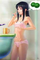 Rule 34 | 1girl, armpits, bad id, bad pixiv id, bare shoulders, black hair, blurry, breast conscious, breasts, brown eyes, brushing teeth, cowboy shot, cup, darkmuleth, depth of field, door, eyelashes, faucet, food, fruit, groin, holding, indoors, lace, lace-trimmed panties, lace trim, long hair, messy hair, mug, navel, original, panties, pink lips, pink panties, ribs, signature, sink, small breasts, solo, standing, stomach, strapless, thought bubble, toothbrush, tube top, underwear, underwear only, watermelon