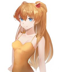 Rule 34 | 1girl, absurdres, artist request, bare shoulders, blue eyes, covered navel, dress, female focus, hair ornament, highres, huge filesize, interface headset, long hair, looking at viewer, neon genesis evangelion, orange hair, shiny skin, simple background, smile, solo, souryuu asuka langley, standing, sundress, twintails, white background, yellow dress