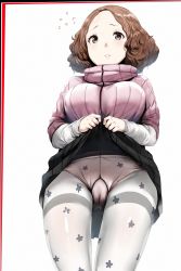 Rule 34 | 10s, 1girl, black skirt, blush, breasts, brown eyes, brown hair, cameltoe, casual, cleft of venus, clothes lift, embarrassed, floral print, flying sweatdrops, forehead, gusset, hews, large breasts, layered sleeves, lifted by self, long sleeves, looking at viewer, miniskirt, okumura haru, panties, pantyhose, pantyshot, persona, persona 5, pink sweater, pleated skirt, short hair, simple background, skirt, skirt lift, sleeves past wrists, solo, standing, sweater, tareme, thigh gap, thighband pantyhose, turtleneck, turtleneck sweater, underwear, upskirt, white background