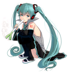 Rule 34 | 1girl, aqua eyes, aqua hair, aqua nails, bare shoulders, black thighhighs, detached sleeves, eating, fangs, full body, hair ornament, hatsune miku, headset, hugging own legs, kouno (masao), long hair, long sleeves, looking at viewer, nail polish, necktie, shirt, simple background, skirt, slippers, solo, spring onion, squatting, tattoo, thighhighs, twintails, very long hair, vocaloid, white background, wide sleeves, zettai ryouiki