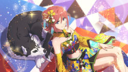 Rule 34 | 1girl, blue eyes, crossed legs, detached collar, detached sleeves, dog, game cg, green nails, hair ornament, japanese clothes, kaname buccaneer, kimono, kimono skirt, long sleeves, macross, macross delta, midriff, nail polish, navel, official art, red hair, shiny skin, short hair, smile, solo, uta macross sumaho deculture, wide sleeves