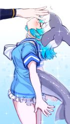 Rule 34 | 10s, 1girl, blue background, blue hair, blush, cetacean tail, choker, closed eyes, commentary, common bottlenose dolphin (kemono friends), english commentary, fins, fish tail, from side, gradient background, grey hair, head fins, headpat, highres, kemono friends, multicolored hair, out of frame, sailor collar, short sleeves, solo focus, sparkle, tail, fish tail, tanaka kusao, white background, white choker, white hair