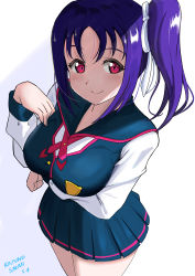 Rule 34 | 1girl, absurdres, bangs, birthday, blush, breast hold, breasts, character name, commentary, dated, english text, evildaddy12, highres, kazuno sarah, large breasts, long hair, looking at viewer, love live!, love live! sunshine!!, pink eyes, purple hair, school uniform, seisen school uniform, side ponytail, sidelocks, solo, white background