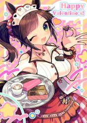 Rule 34 | 1girl, blush, breasts, brown hair, chocolate, cleavage, commentary request, cup, english text, food, freckles, green eyes, happy valentine, ines fujin (melty gift) (umamusume), ines fujin (umamusume), jewelry, large breasts, looking at viewer, medium hair, necklace, one eye closed, side ponytail, solo, sweets, tray, umamusume, zest (lossol)