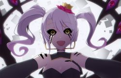 Rule 34 | 1girl, :d, black sclera, caligula (game), colored sclera, cracked skin, crazy eyes, crazy smile, crown, dark persona, earphones, elbow gloves, extra eyes, eyes visible through hair, gloves, mu (caligula), open mouth, pink hair, shioiri, smile, solo, spoilers, torn skin, twintails, yellow eyes
