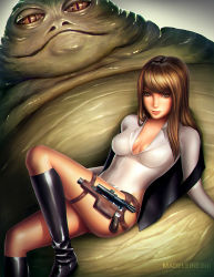 Rule 34 | 1boy, 1girl, adapted costume, alien, black footwear, bodysuit, boots, breasts, breasts apart, brown eyes, brown hair, closed mouth, colored skin, dutch angle, energy gun, fat, fat man, from below, from side, gender request, genderswap, gradient background, green skin, grin, gun, han solo, handgun, highleg, highleg leotard, holster, jabba the hutt, knee boots, knee up, legs, leotard, lips, looking at viewer, lying, lying on person, madeleine bellwoar, medium breasts, monster, off shoulder, on back, open clothes, open vest, ray gun, realistic, science fiction, scope, seductive smile, signature, size difference, slit pupils, smile, star wars, tail, thigh holster, thigh strap, undressing, vest, watermark, weapon, web address