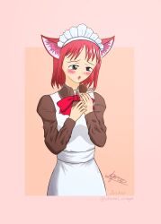 Rule 34 | absurdres, animal ear fluff, animal ears, blush, bow, cat ears, eating, eternal cringe, food, grey eyes, highres, hisui (tsukihime), holding, holding food, maid, maid headdress, melty blood, open mouth, pink hair, self-upload, short hair, solo, standing, tsukihime, type-moon