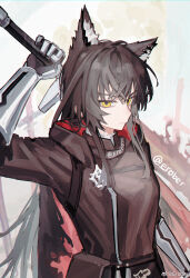 Rule 34 | 1girl, animal ear fluff, animal ears, arknights, armor, artist name, belt, belt buckle, belt pouch, black cape, black hair, black hood, black jacket, black shirt, breasts, buckle, cape, chinese commentary, closed mouth, commentary request, erober, extra ears, gauntlets, gloves, hair between eyes, highres, holding, holding sword, holding weapon, hood, hood down, hooded jacket, jacket, long hair, looking at viewer, medium breasts, multicolored cape, multicolored clothes, multicolored jacket, official alternate costume, open clothes, open jacket, pouch, red cape, red jacket, shirt, simple background, solo, sword, texas (arknights), texas the omertosa (arknights), texas the omertosa (wingbreaker) (arknights), twitter username, watermark, weapon, weibo logo, weibo watermark, white background, white gloves, wolf ears, wolf girl, yellow eyes