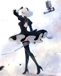 Rule 34 | 1girl, arm up, ass, back cutout, black dress, blindfold, boots, breasts, clothing cutout, commentary, dress, feather trim, full body, gloves, hairband, high heel boots, high heels, highres, holding, holding sword, holding weapon, lips, long legs, long sleeves, looking back, medium breasts, mitsuki nite, mole, mole under mouth, nier (series), nier:automata, no panties, parted lips, pod (nier:automata), puffy sleeves, robot, short dress, short hair, simple background, sword, thigh boots, thighhighs, thighs, turtleneck, weapon, white hair, 2b (nier:automata)