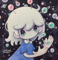 Rule 34 | 1girl, aqua eyes, blue dress, dated, dress, expressionless, hands up, highres, medium hair, no nose, original, planetary ring, shadow, short sleeves, signature, solo, upper body, white hair, zukky000