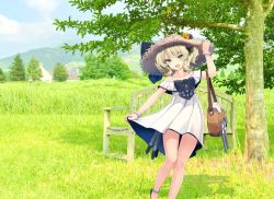 Rule 34 | 1girl, bad id, bad twitter id, bag, bench, black bow, blonde hair, blue eyes, bow, braid, breasts, cloud, cloudy sky, colorado (kancolle), commentary request, day, dress, field, grass, hair ribbon, handbag, hat, headshop, house, kantai collection, large breasts, mountainous horizon, open mouth, photo background, ribbon, shoes, short hair, side braids, sky, solo, sun hat, third-party edit, torpedo, tree, turret, white dress, white ss yu, yukikaze (kancolle)
