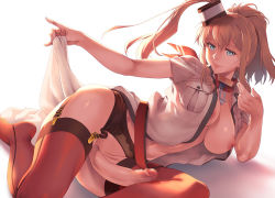 Rule 34 | 1girl, anchor, arms up, bandana, belt, blue eyes, blush, breast pocket, breasts, breasts out, brown hair, censored, closed mouth, clothes lift, collarbone, commentary request, dress, dress lift, erection, futanari, garter belt, garter straps, hair between eyes, hair ornament, headgear, holding, kantai collection, large breasts, lips, long hair, looking at viewer, lying, mosaic censoring, navel, nipples, no bra, no panties, on side, open clothes, penis, pocket, ponytail, red bandana, red neckwear, red thighhighs, saratoga (kancolle), side ponytail, sidelocks, simple background, skindentation, smile, smokestack, solo, takemura sessyu, thighhighs, undressing, white background, white dress
